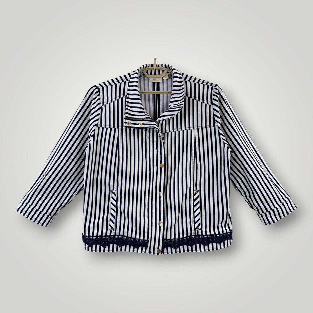 Chico's Jacket Womens XL Blue White Stripe Lace Hem Zip Nautical Stretch